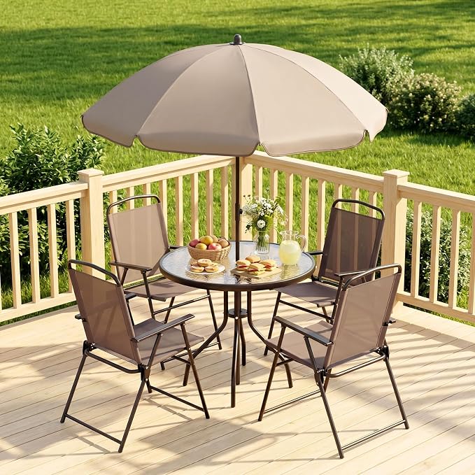TLSUNNY 6 Pieces Patio Dining Set with 65″ Umbrella, Outdoor Table and Chairs with 31.5″ Round Glass Table, 4 Folding Textilene Chairs, Patio Dining Set W/Steel Frame, for Poolside, Backyard (Brown)