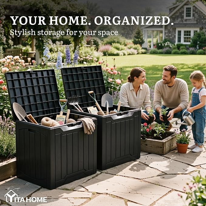 YITAHOME 31 Gallon Deck Boxes Set of 2, Lockable Outdoor Storage Bins with Silver Decorative PVC Trim Panels for Patio Cushions, Garden Tools, Weather-Resistant Resin Storage Solution, Black & Silver
