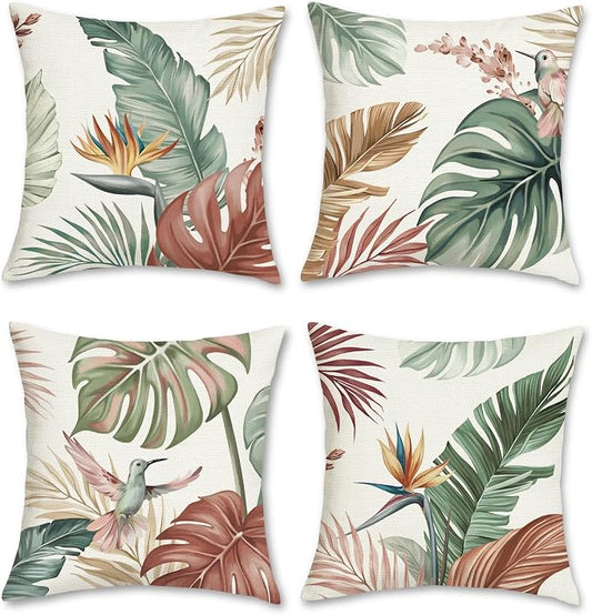 Bonhause Tropical Leaves Throw Pillow Covers 18 x 18 Inch Watercolor Leaf Bird Polyester Linen Decorative Pillow Cases for Couch Sofa Bed Home Garden Outdoor Decor Set of 4