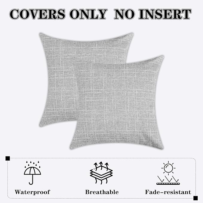 Kevin Textile Outdoor Waterproof 18”x18” Pillow Covers 2 Pack, Grey | Water Resistant, Soft Faux Linen-cotton Yarn-dyed Woven Texture Throw Pillow Covers for Tent Patio Garden Couch Sofa