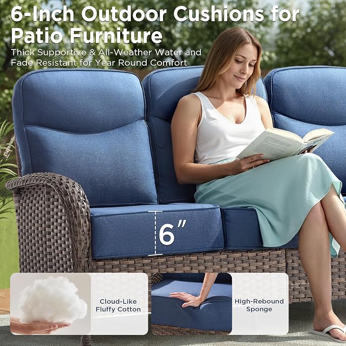 3 Pieces Luxury Patio Furniture Sofa Set with 6-Inch Thick Cushions, Outdoor Wicker Patio Furniture Covered Couch with Multifunctional Ottoman, Patio Conversation Set for Porch Garden, Blue