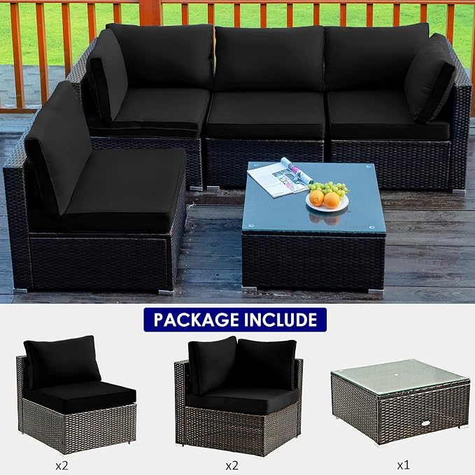 Tangkula 5 Pieces Patio Furniture Set, All Weather Wicker L-Shaped Corner Sofa Set w/Soft Cushions, Outdoor Sectional Conversation Couch Set w/Glass Table for Backyard Garden Poolside (Black)