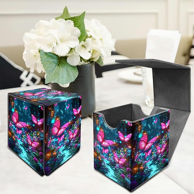 Pink Butterfly Forest Card Deck Box for MTG, Personalized Card Storage Case Fits 120+ Sleeved Cards, Premium Leather TCG Box with Strong Magnetic Closure for Magic, PTCG, Baseball Cards