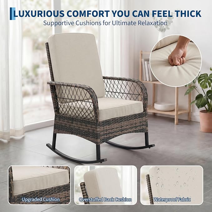 GarveeHome 3-Piece Outdoor Rocking Chair Set, Wicker Rattan Patio Furniture with Glass-Top Coffee Table, Modern Conversation Seating with Cushions for Porch, Backyard (Brown Rattan & Beige Cushion)