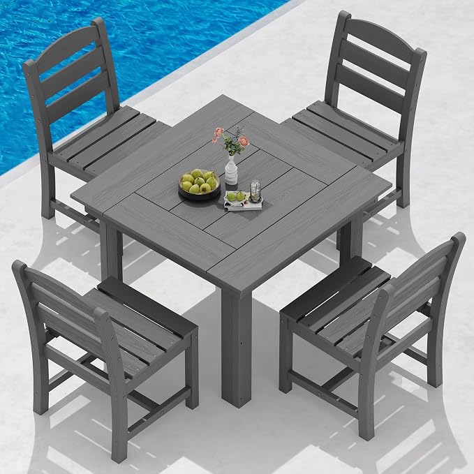 SERWALL Outdoor Dining Set for 4, HDPE Square Table and Chairs Set All Weather Patio Dining Set with 4 Armless Chairs for Patio, Gray