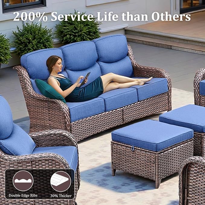 Luxury High Back Patio Furniture Set with 6-Inch Thick Cushions, 5-Pieces Outdoor Furniture with Swivel Chairs, Wicker Conversation Set for Porch, Balcony, Deck and Yard, Brown/Blue