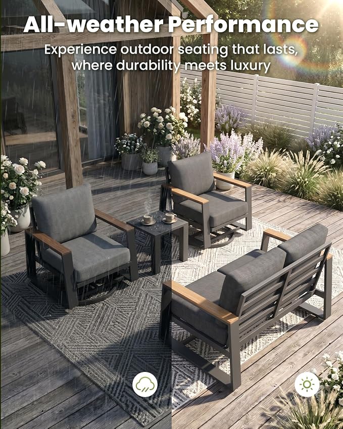 Aluminum Outdoor Patio Furniture Set, 4-Piece Patio Conversation Set with 5" Thick Cushions, Aluminum 360-Degree Large Outdoor Furntiure Set with Side Table and 3-Seat Sofa, Graphite
