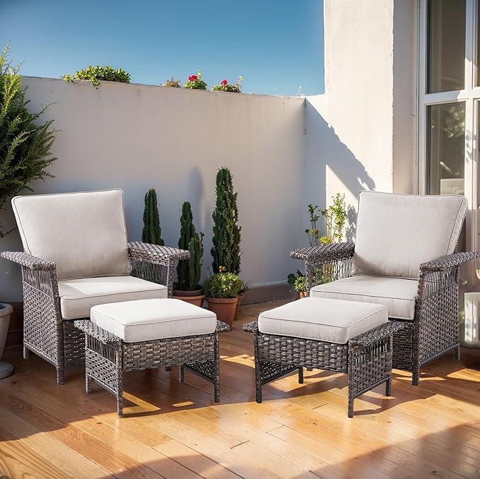 Patio Furniture Set 2 Wicker Patio Chairs with 2 PE Rattan Ottomans Brown Wicker Beige Cushions Patio Conversation Set 4pcs for Garden Balcony Sunroom Backyard Poolside