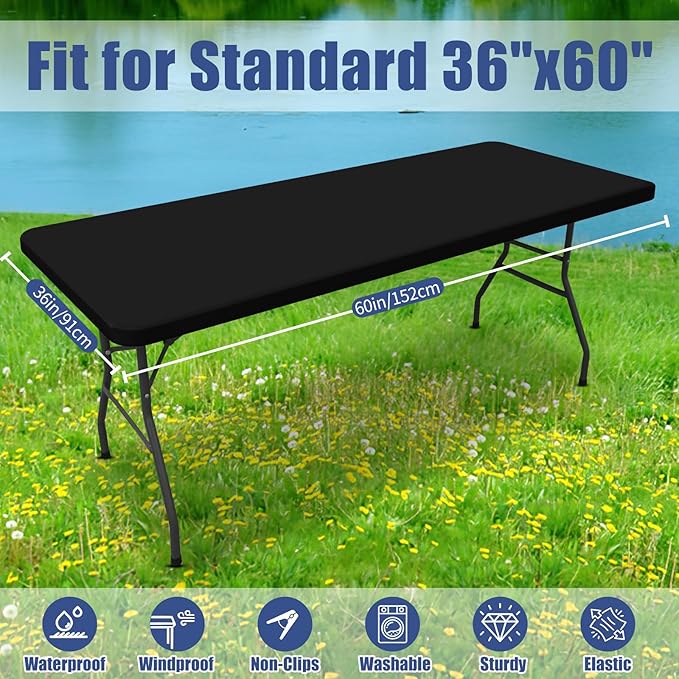 Moosfor Spandex 5 Foot Rectangle Table Cloth 2 Pack, Elastic Fitted Tablecloths for Picnic, Stretch Washable Patio Table Cover for Outdoor, Camping, Banquet and Parties (Black, 36"x60")