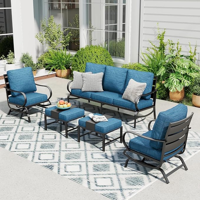 Sophia & William Patio Furniture Sets 5 Seats Outdoor Metal Conversation Sets 5 Pcs with 2 x Cushioned Swivel Sofa Chairs,1 x 3-Seat Sofa,2 x Ottomans for Coffee Lawn Backyard Poolside Peacock Blue