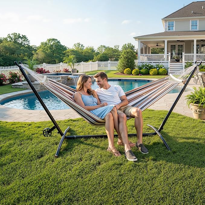ONCLOUD 550 LB Capacity Double Hammock with Stand – Portable Bag Included (Desert Strip w/Wheel)
