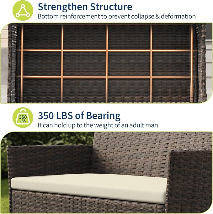 4-Piece Outdoor Furniture Set, PE Rattan Wicker Chairs with Soft Cushions & Tempered Glass Coffee Table - All-Weather Patio Set for Garden, Backyard, Porch, Poolside (Brown/Beige)