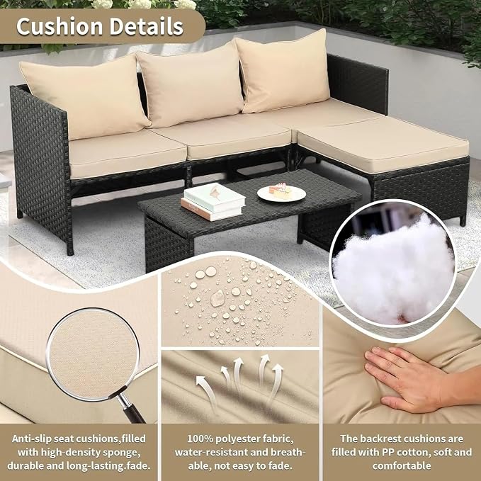 3-Piece Outdoor PE Rattan Furniture Set Black Wicker Conversation Loveseat Sofa Sectional Couch Khaki Patio Comfortable Cushion Outdoor Sectional