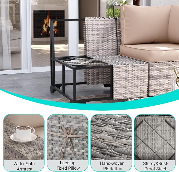 9-Piece Outdoor Patio Furniture Set with Rocking Swivel Chair Wicker Sectional Sofa Set, Patio Conversation Set with Thickened Cushions & Coffee Table for Garden, Backyard, Poolside, Beige
