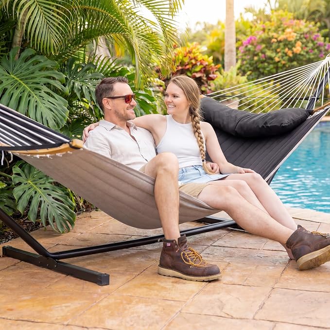 SUNCREAT Double Portable Hammock with Stand, 2 Person Hammock with Curved Spreader Bar, Balance Ropes Included, Dark Gray