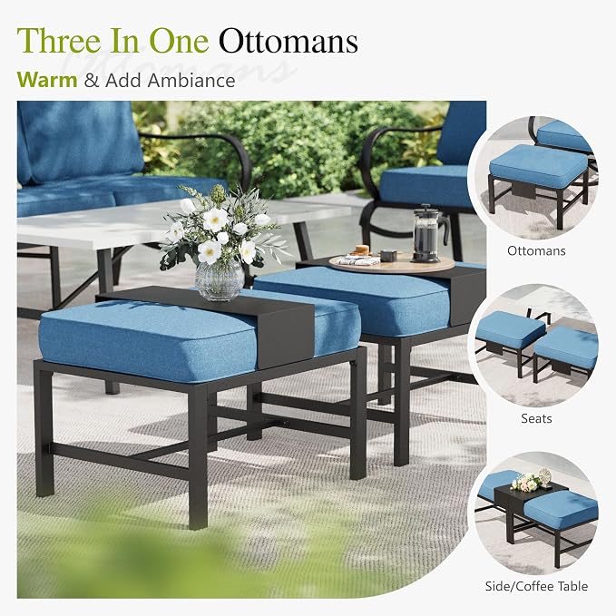 Sophia & William Patio Furniture Sets for 9 with 45" Gas Fire Pit Table Outdoor Conversation Sets 8 Pcs, 2xSofa Chairs, 2xSwivel Cushion Chairs, 1x3-Seat Sofa, 2xOttomans for Porch Poolside Navy