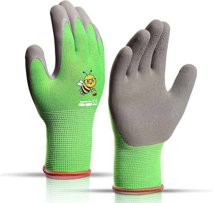 KDK Ages 3-5 Kids Gardening Gloves,Yard Work Gloves for Toddlers, Youth, Girls, Boys, Childrens, Soft Safety Rubber Gloves (XXXS Age 3-5, 1 Pair Green Bee)