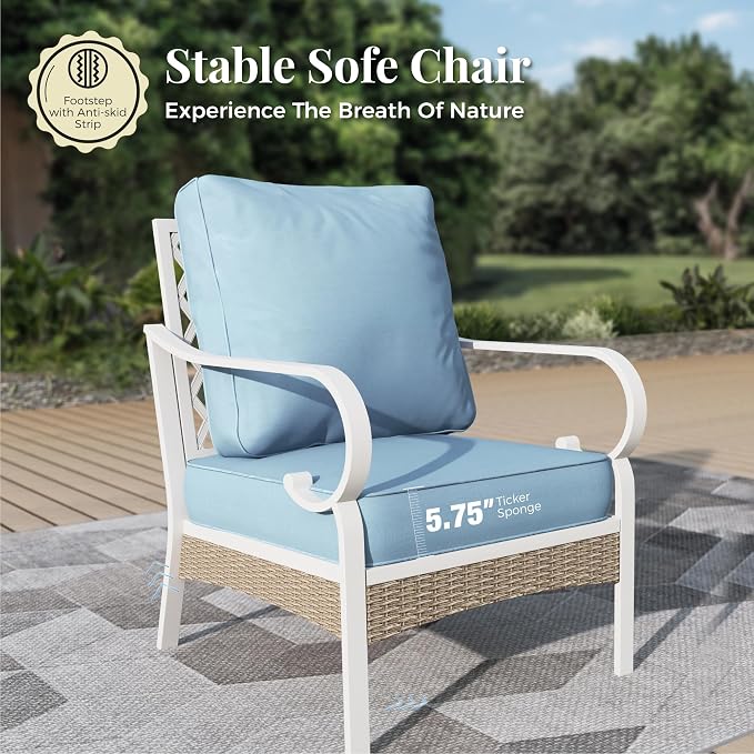 4 Piece Metal Patio Furniture Set, 5-Seat All Weather Outdoor Conversation Set with 3-Seat Sofa & 2 Fixed Chairs & 47'' Coffee Table, Outdoor Furniture Set for Backyard, Deck, Garden, White/Blue