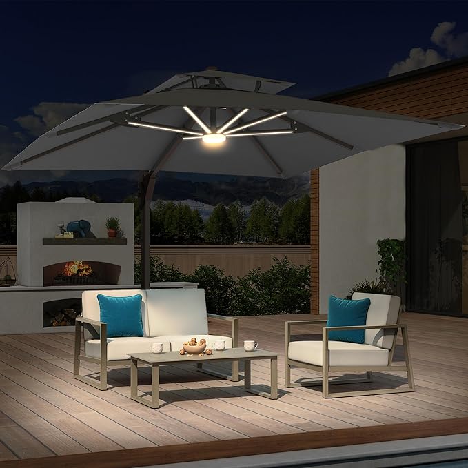 10x10 FT Cantilever Patio Umbrella with Led Lights Double Top Outdoor Square Large Heavy Duty Aluminum Offset Umbrellas with 7 Level Tilt 360-degree Rotation for Pool Garden Deck, Grey