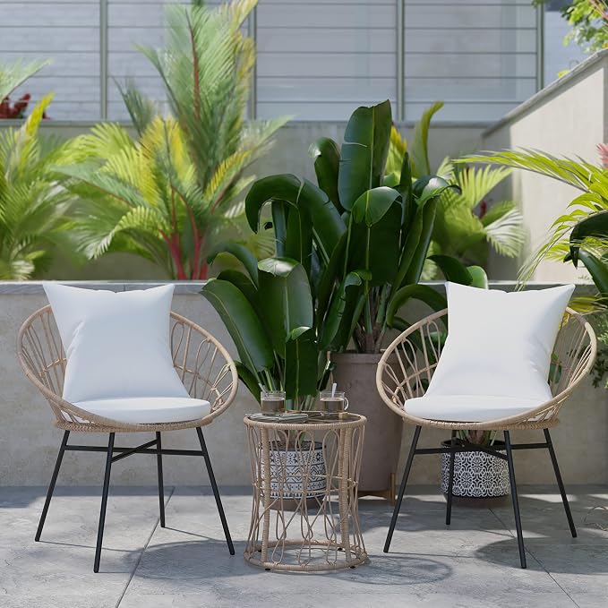 EMMA + OLIVER Ari 3 Piece Boho Patio Set - Tan Finish Faux Rattan Rope Chairs - Light Gray Removable Cushions - Tempered Glass Top Side Table - Indoor/Outdoor