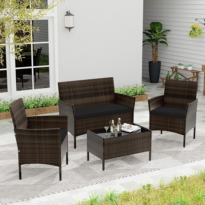 KOTEK 4 Piece Patio Furniture Set, Outdoor Rattan Conversation Set with Loveseat, Wicker Chairs, Tempered Glass Coffee Table, Wicker Patio Set for Backyard, Porch (Black)