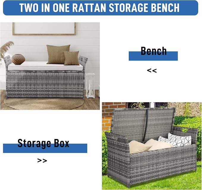 33 Gallon Outdoor Wicker Storage Bench Deck Box,Large PE Rattan Deck Storage Box,Outdoor Indoor Waterproof Storage Box,Patio Wicker Storage Bench,with Cushion,for Garden Balcony Porch Yard (Gray)