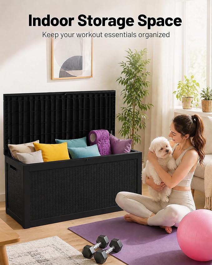 325 Gallon Extra Large Waterproof Deck Box, Heavy Duty Resin Outdoor Storage Box, Outside Storage Bench with Hydraulic Rod for Patio/Furniture Cushions/Garden Tools/Backyard/Pool Accessories, Black