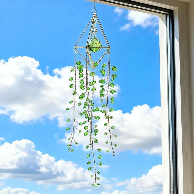 Crystal Suncatcher Glass Wind Chimes Sun Catchers Rainbow Plant Suncatcher | Crystal Beaded Plant Suncatcher for Window Hanging Home Garden Decor (15.4inch,Green)
