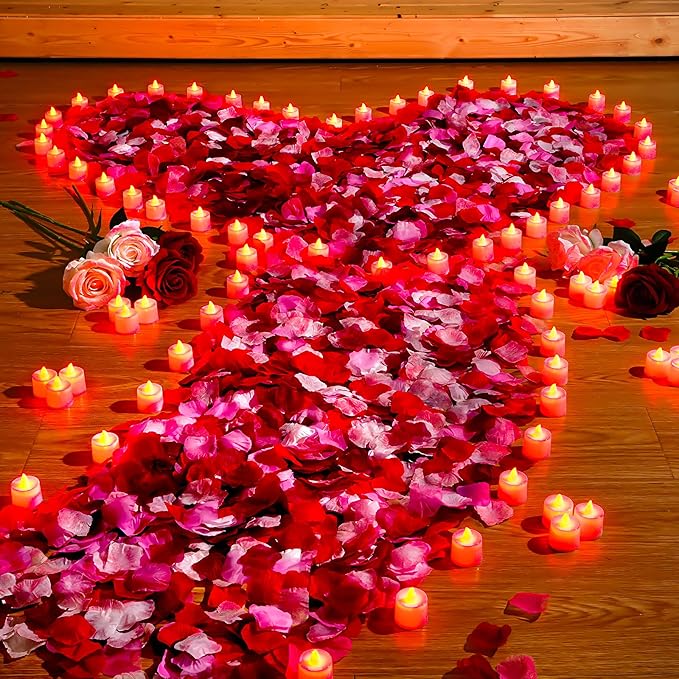 Coume 6000 Pcs Artificial Rose Petals with 72 Pcs Flameless LED Candles Romantic Decorations Fake Candles Anniversary Decorations for Valentine's Day Wedding Night(Red with Red Series Petal)