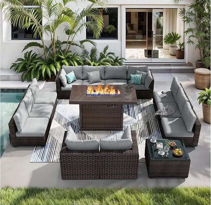 Patio Furniture Set 14 Pieces with 44" Fire Pit Table, Rattan Outdoor Sectional Conversation Sets, All Weather Outdoor Furniture Set with Cushions for Garden Lawn Balcony Porch Deck Grey