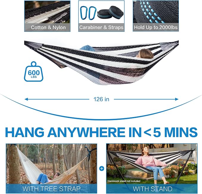 PNAEUT Handwoven Mayan Hammock, Thick Soft Rope Double Hammock for Outdoor Outside & Indoor, 600 lbs Capacity Heavy-Duty, Includes Tree Straps, Carabiners & Carrying Bag (Black and White, X-Large)