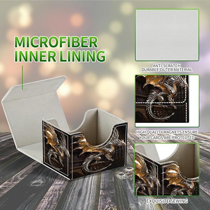 Card Deck Box for MTG, Cards Storage Box Fits 120+ Sleeved, Leather Small Size Strong Magnetic Closing Card Case for Board Games Magic TCG CCG Baseball Collection, Mechanical Dragon