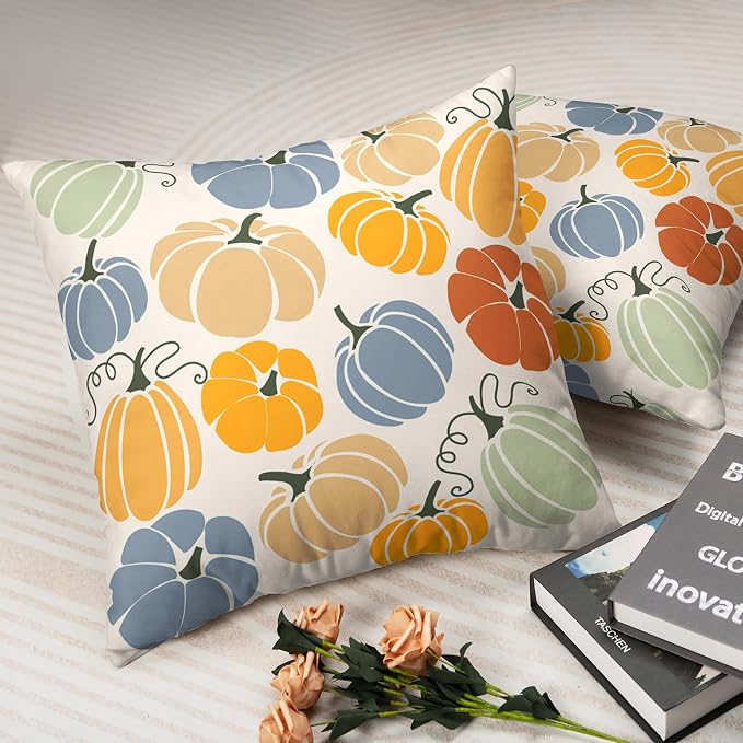 Autumn Outdoor Pillow Case Fall Throw Pillow Covers 24x24 Set of 2 Orange Yellow Blue Pumpkins Pillow Covers Cotton Blend Cushion Case for Couch Patio Bed Car