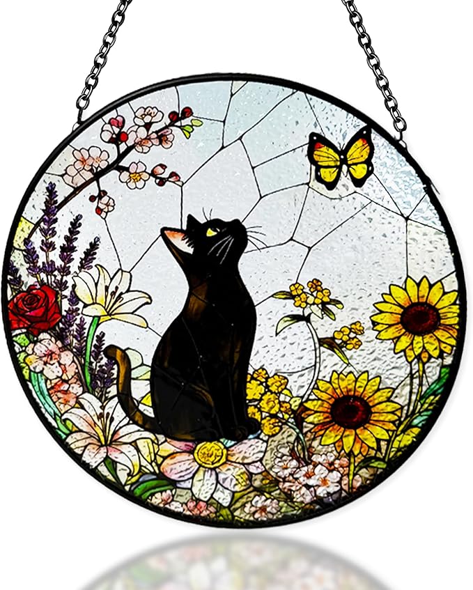 Cat Stained Glass Suncatcher Window, Hanging Sun Catchers Indoor Window, Suncatcher for Mom/Women (Black)