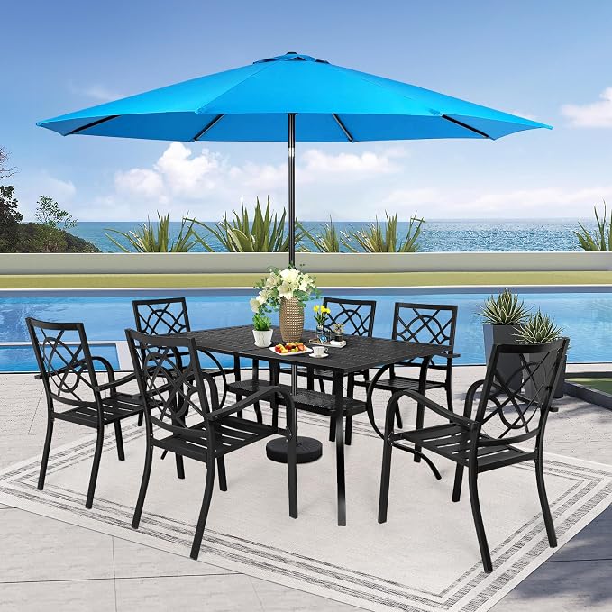 SUNCROWN 8-Piece Outdoor Wrought Iron Chairs and Table Patio Dining Furniture Set - 6 Stackable Metal Chairs, 1 Steel Slat Bistro Table and 1 Sky Blue 9Ft Patio Umbrella for Garden Backyard Deck