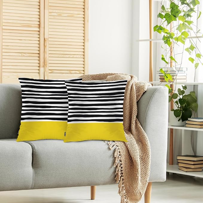 Swono Abstract Black Yellow Home Decorative Throw Pillows Covers 18"X18" Set of 2 Outdoor Pillowcase for Livingroom Bedroom, Modern Black Stripes Yellow Block Boho Pillow Cushion Covers for Man Woman