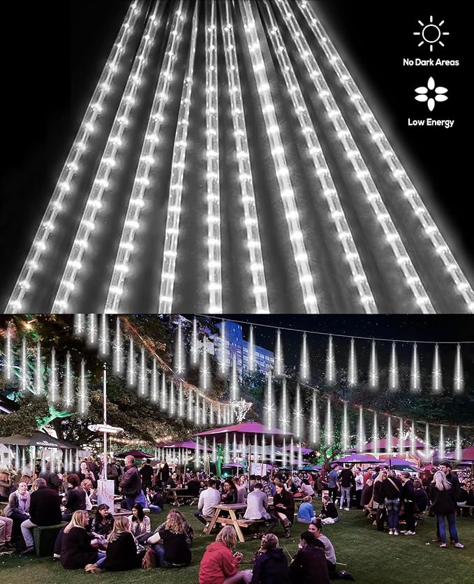Christmas Rain Lights Outdoor 12" 10 Tubes, White | 240 LEDs Meteor Shower Light Falling Rain Drop Lights Icicle Cascading Xmas String Light for Tree Wedding Party Garden Decor