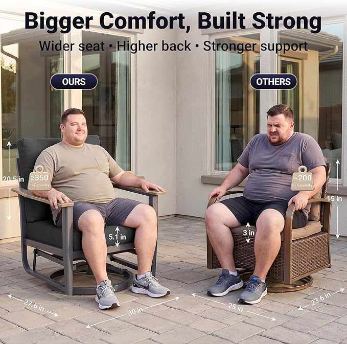 Aluminum Swivel Rocking Chairs, 3-Piece Outdoor Patio Furniture Set with Side Table, Rust-Proof Metal Gliders with Wood-Like Armrests & 5.1" Thick Cushions for Backyard, Porch, Black