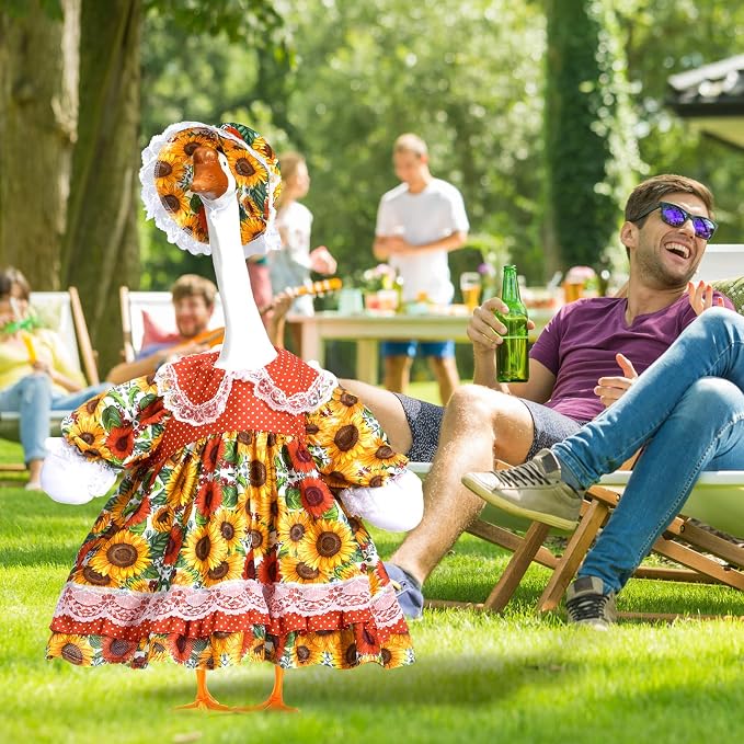 Soulchen 1 Set Fall Sunflower Porch Goose Outfit 23 Inch Cement Goose Clothes Dress and Hat Costume Set for Fall Summer Lawn Garden Yard Decor