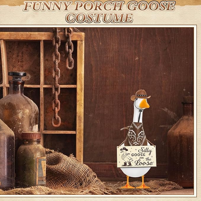 Funny Porch Goose Outfit Decoration Set Silly Goose on The Loose Hangings Sign Cowboy with Outfit Cowboy Hat Bandana for 23" Cement/Plastic Outdoor Statue Patio Yard Lawn Art(Brown)