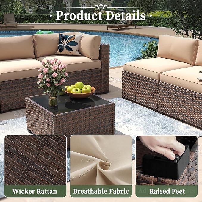 Aoxun 11 Piece Patio Furniture Set Wicker Rattan Patio Conversation Set Outdoor Sectional Sofa Set with Coffee Table and Thickened Cushions, Beige