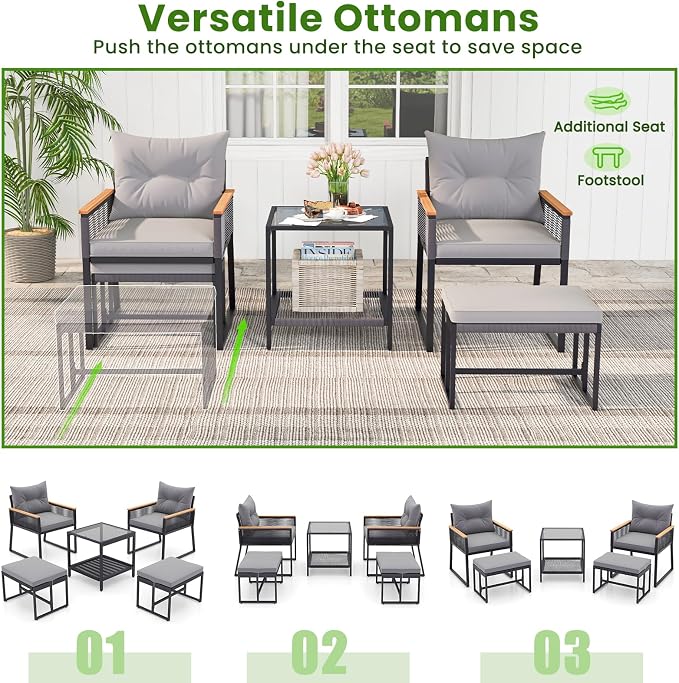 Tangkula 5 Pieces Outdoor Conversation Set, Patio Rattan Armchairs with 2-Tier Side Table & 2 Ottomans, Acacia Wood Armrests & Heavy-Duty Metal Frame, Patio Chairs Set for Porch, Poolside (Grey)