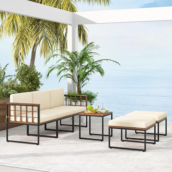 Tangkula 6 Pieces Acacia Wood Patio Furniture Set, Outdoor Sectional Conversation Sofa Set with Cushions, Coffee Table and Ottomans, Metal Frame Patio Sofas for Garden, Poolside, Backyard, Beige