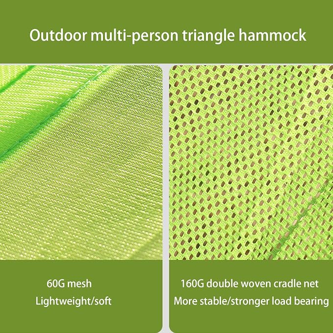 Multi-person triangular hammock, aerial camping hammock, suspended type, suitable for outdoor adventures, hiking, backyards, and gardens, includes straps, buckles, and storage bag (Black, 157in*157in)