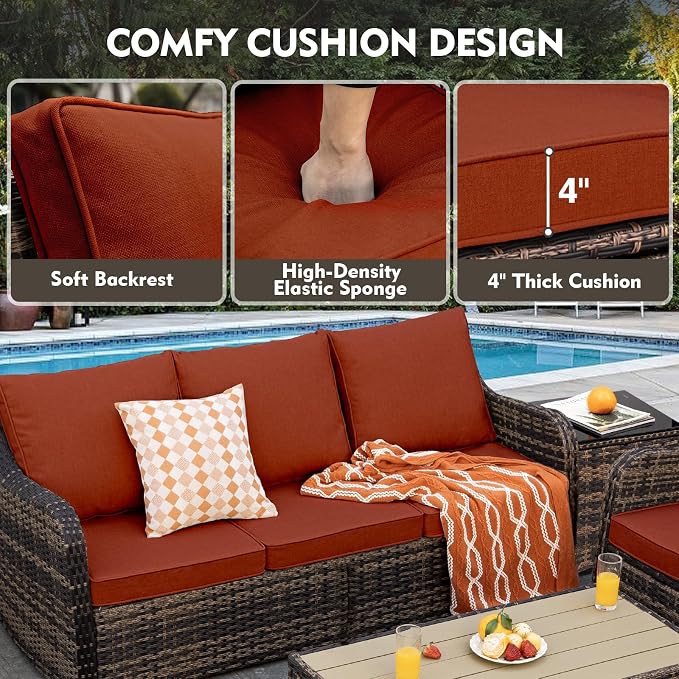 MEISSALIVVE Outdoor Patio Furniture Set with Swivel Chair, 10 Pieces Patio Conversation Set, Patio Sectional Furniture Set with 2 Three-seat Sofa, 2 Fixed Single Chair and Coffee Table (Red)