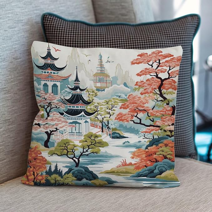 Pillow Cover Chinoiserie Pagoda White Coral Blue Pillowcase Retro Chinoiserie Chic Asian Pillow Cover Accent Modern Decorative Pillow Covers for Couch Sofa Bedroom Car 20x20 in