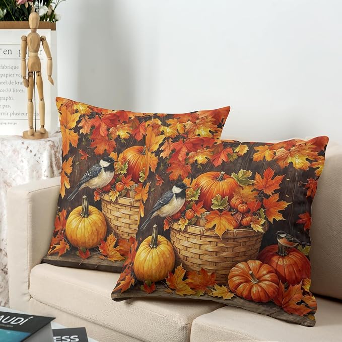 Autumn Pumpkin Pillow Covers Orange Maple Leaf Pillows Cases Fall Themed Throw Pillow Covers 20x20 Set of 2 Harvest Thanksgiving Cushion Cases for Bedroom Living Room Couch