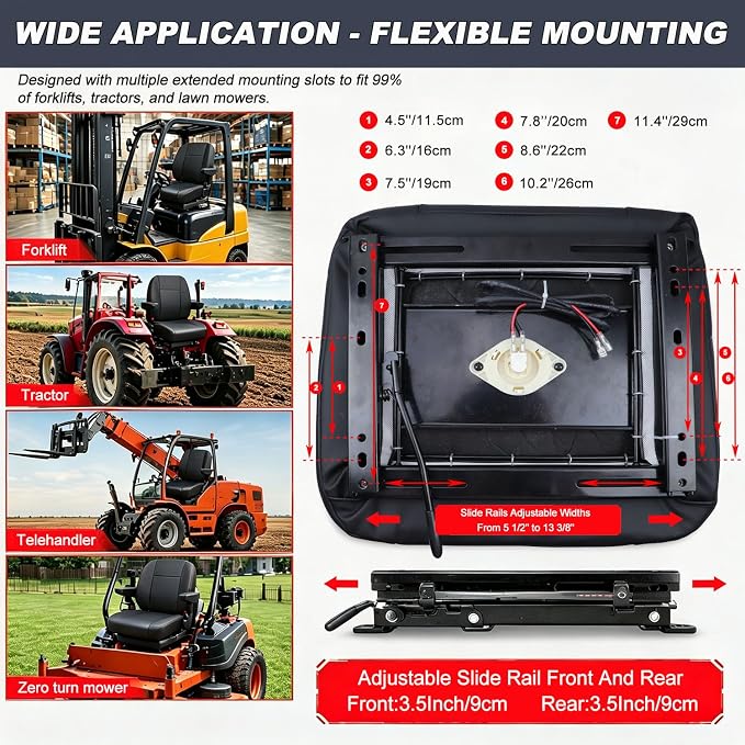 Universal Forklift Seat Replacement,Zero Turn Mower Tractor Seat with Micro Switch-Armrest & Safety Belt,Waterproof PU Leather Seat Fit for Ariens,Snapper,Lawn Mower,Skid Loader,Excavator