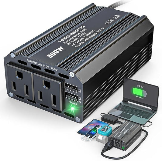 300W Power Inverter DC 18V to AC 110V Compatible with Makita: LIVOWALNY Battery Inverter Charger Adapter Power Supply with 2 AC & 2 USB Ports for Car, Vehicles, Laptop, Phone, String Light, Fan