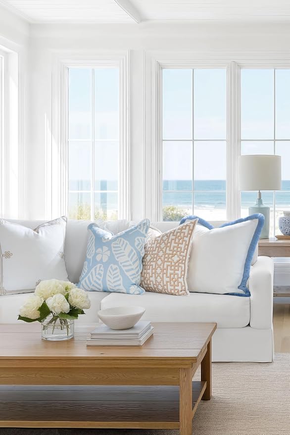 Hofdeco Premium Grandmillennial Coastal Hampton Patio Indoor Outdoor Throw Pillow Cover Only, 20"x20" Water Repellent for Backyard, Couch, Poolside, Baby Blue Print Palm Leaves and Hisbucs Flowers